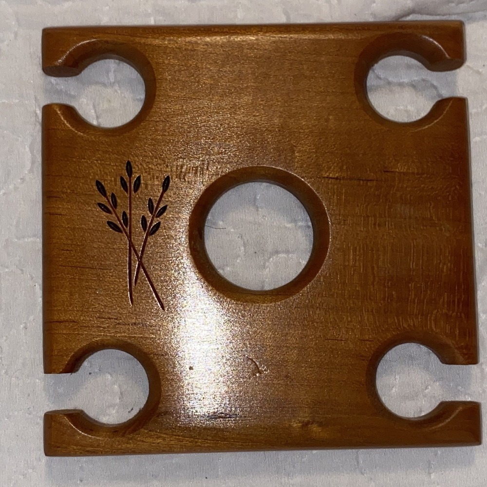 Solid Wood Wine Glass Bottle Holder Over Bottle Stemware Holds 4 Glasses VTG